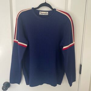 Vintage Pull Montant 100% Wool Ski Sweater Blue with Red and White Stripes